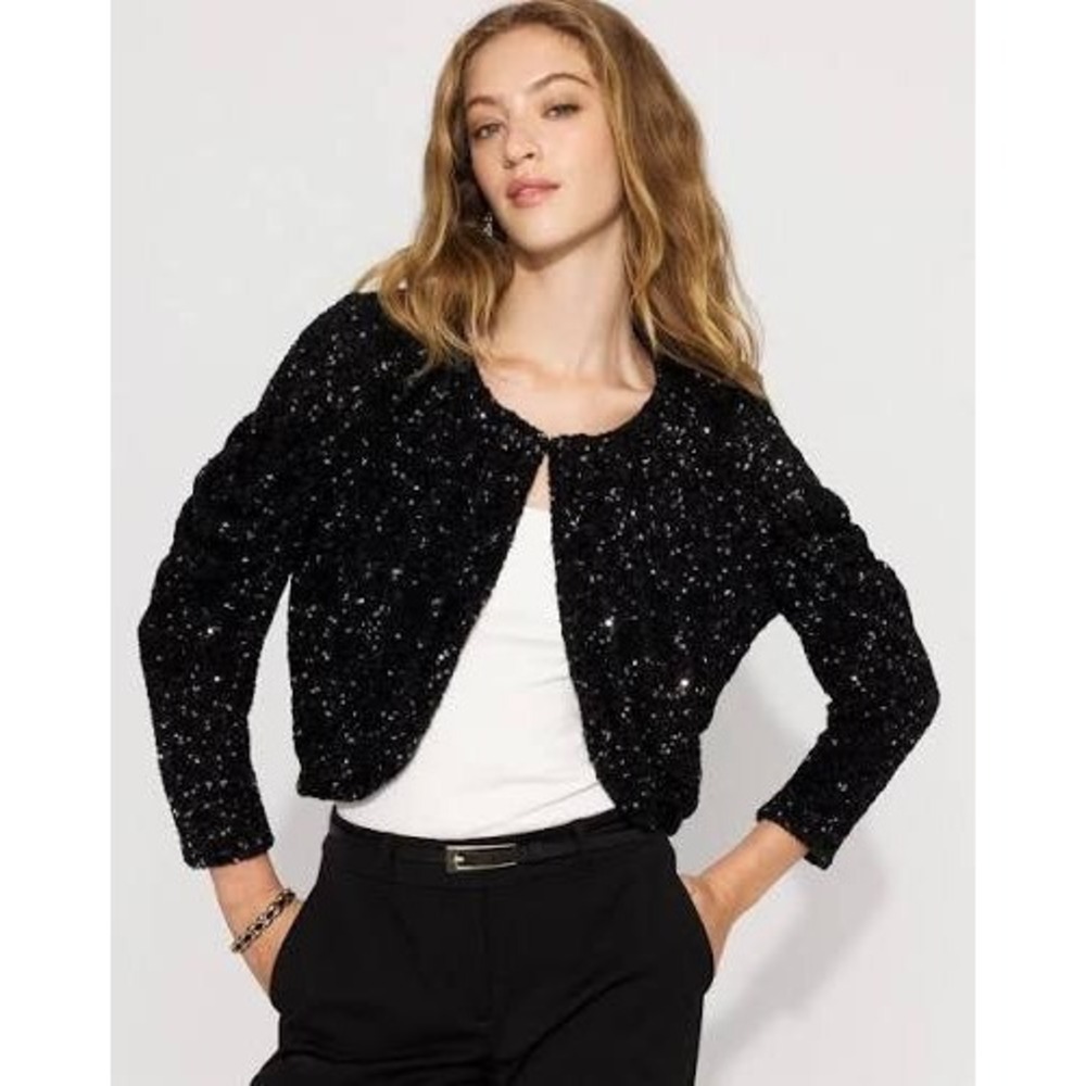 White House Black Market Sequin Drape Bolero Jacket Black Cropped L‎ NEW $110